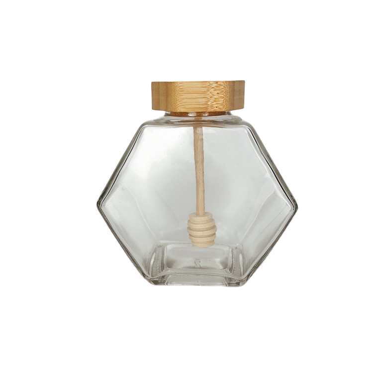 230ml 380ml 300g 500g hexgaon shape glass honey jar with wooden lid cover