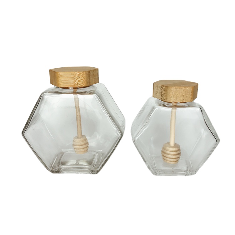 230ml 380ml 300g 500g hexgaon shape glass honey jar with wooden lid cover