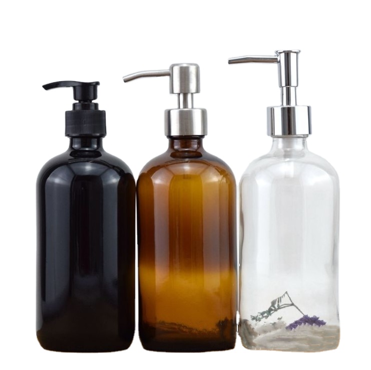 230ml 500ml Hot sale Glass Boston Bottle With Stainless Steel Pump for lotion/soap dispenser