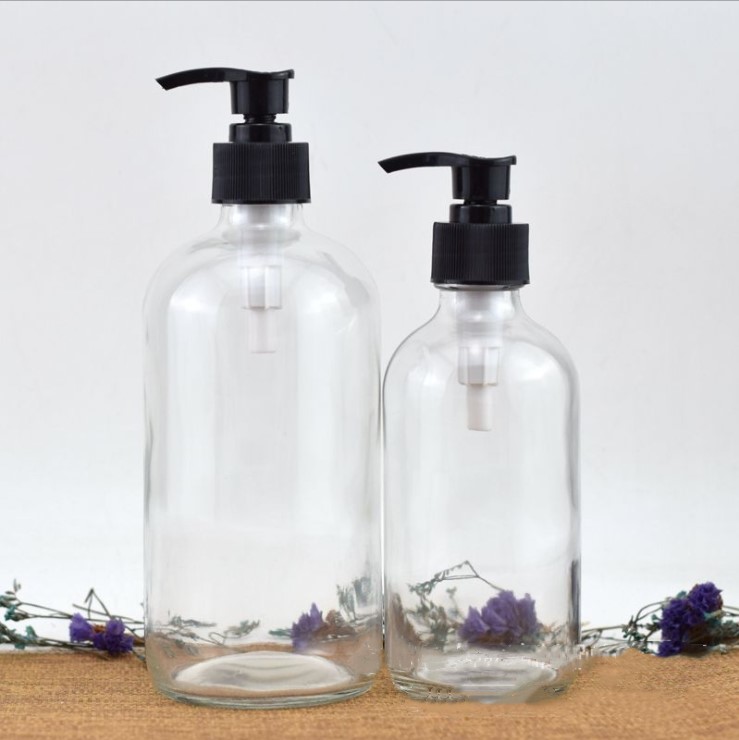 230ml 500ml Hot sale Glass Boston Bottle With Stainless Steel Pump for lotion/soap dispenser