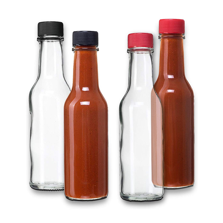 (24 Pack) 5 oz. Clear Glass Hot Sauce Woozy Bottles with Black Cap Shrink band and Orifice Reducer