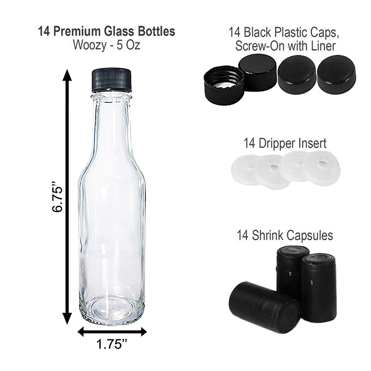 (24 Pack) 5 oz. Clear Glass Hot Sauce Woozy Bottles with Black Cap Shrink band and Orifice Reducer