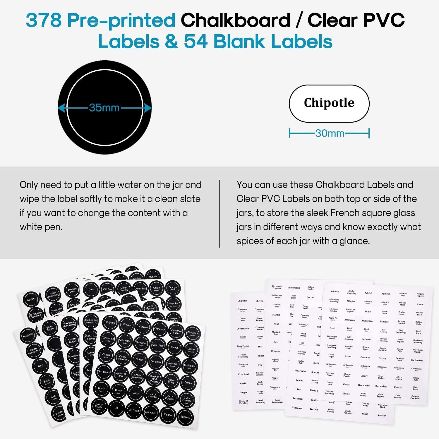 24 Pcs Glass Spice Jars/Bottles - 4oz Empty Square Spice Containers with 810 Spice Labels - Shaker Lids and Airtight Metal lids