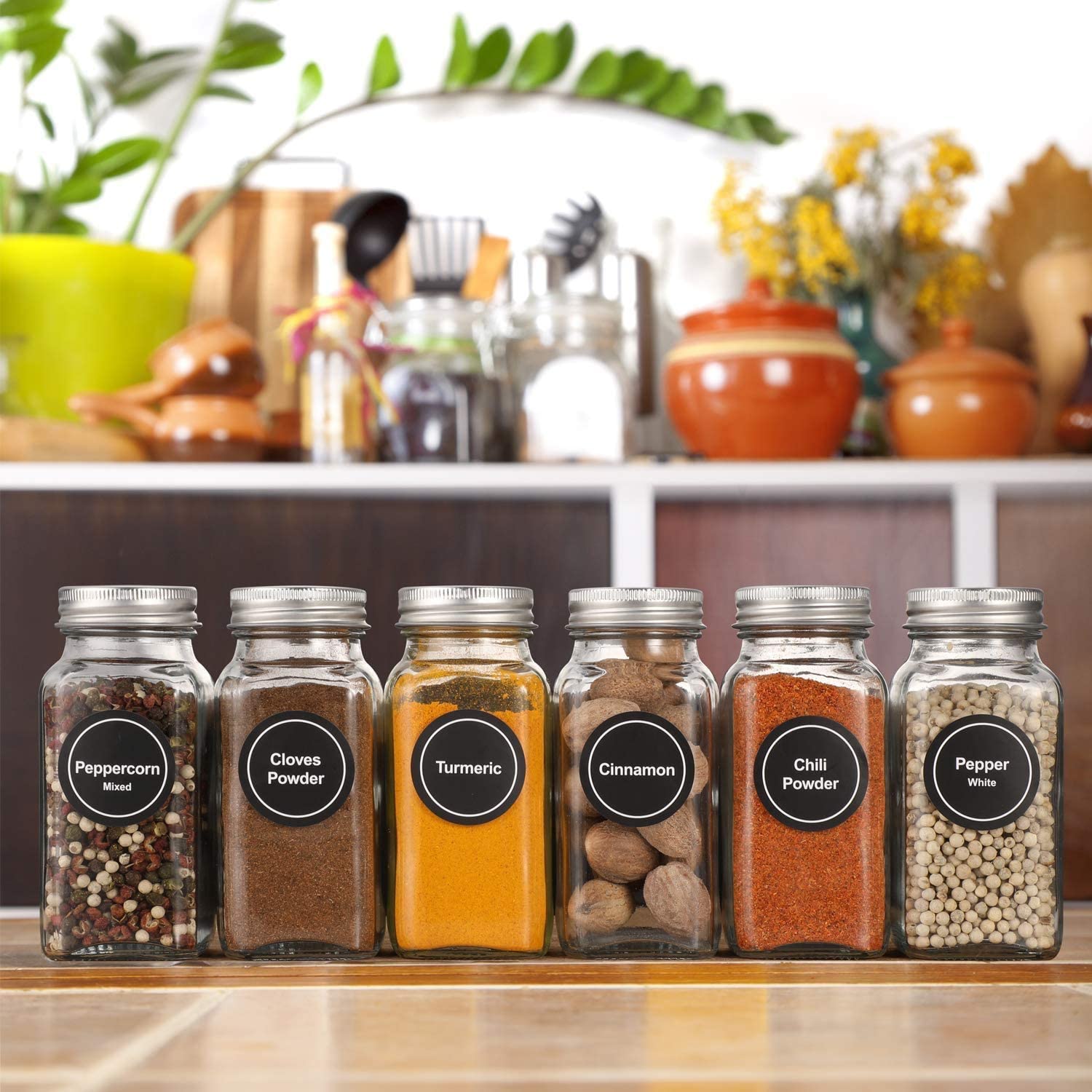 24 Pcs Glass Spice Jars/Bottles - 4oz Empty Square Spice Containers with 810 Spice Labels - Shaker Lids and Airtight Metal lids