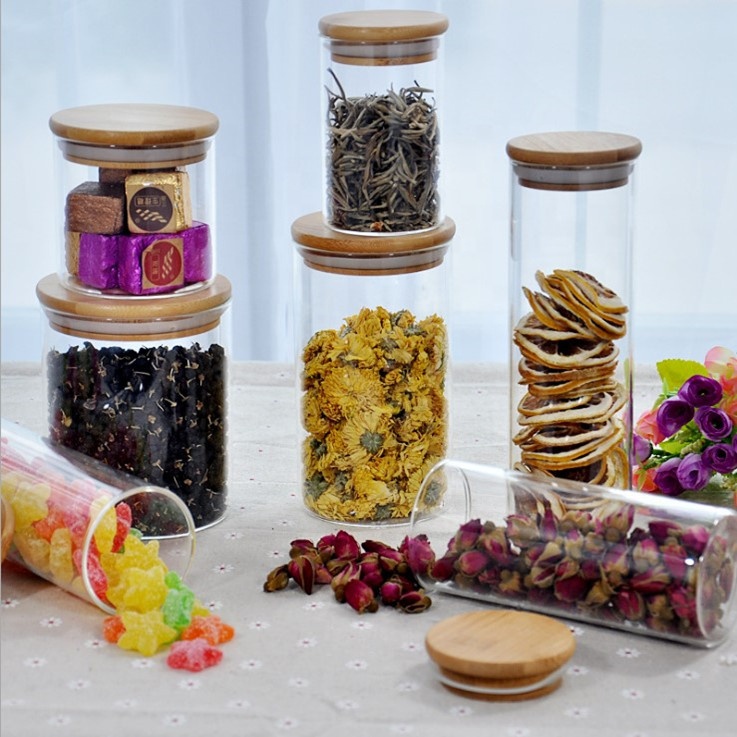 250/450/750/950 ML borosilicate air-tight storage jar acacia wood seal food home use jar use wooden lid