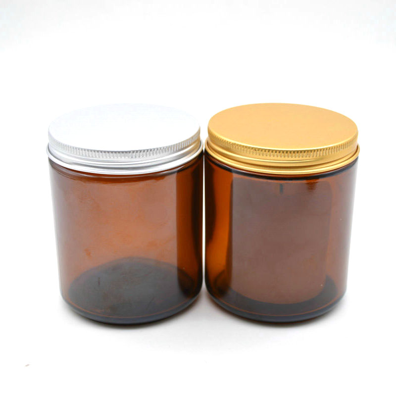 250 ML Amber Color Glass Round Candle Holder Jar with Golden and silver Lids