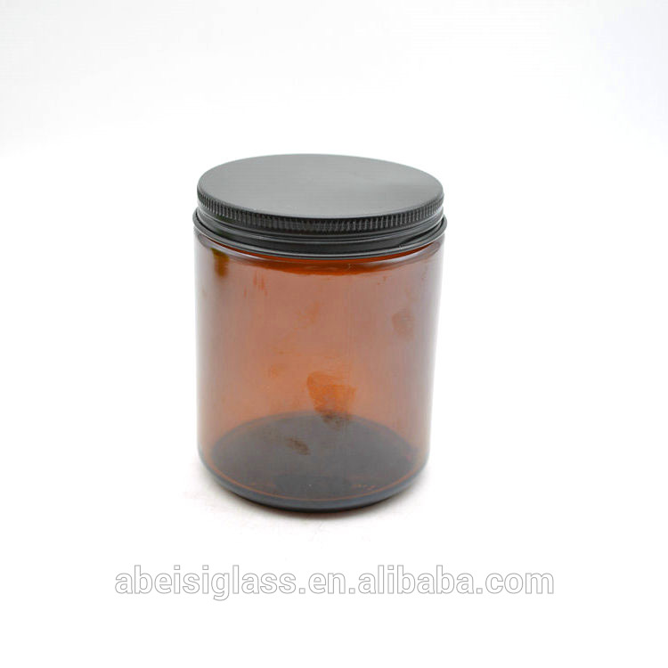 250 ML Amber Color Glass Round Candle Holder Jar with Metal Lids