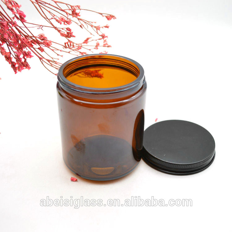 250 ML Amber Color Glass Round Candle Holder Jar with Metal Lids