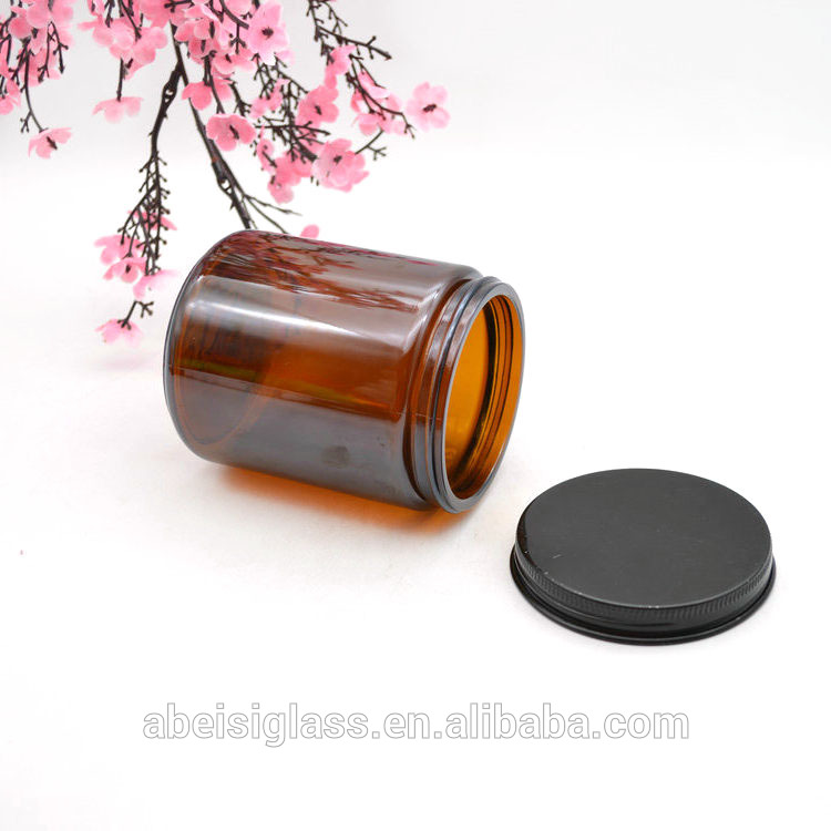 250 ML Amber Color Glass Round Candle Holder Jar with Metal Lids