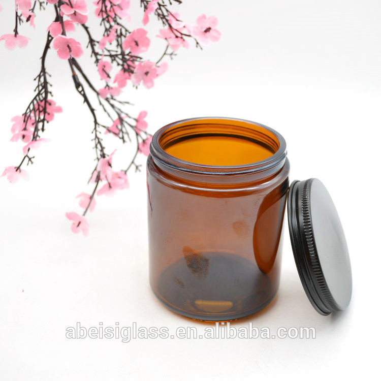 250 ML Amber Color Glass Round Candle Holder Jar with Metal Lids