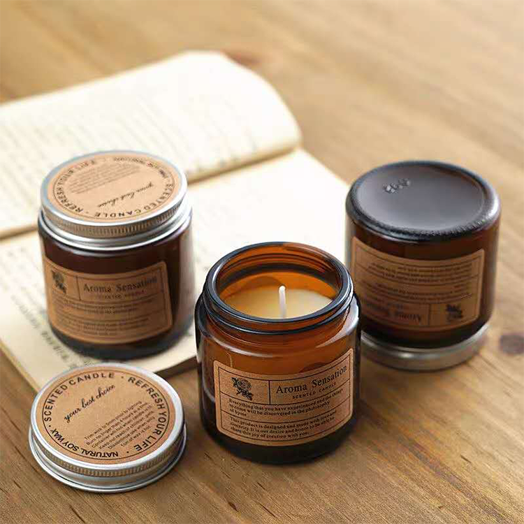 250 ML Amber Color Glass Round Candle Holder Jar with Metal Lids