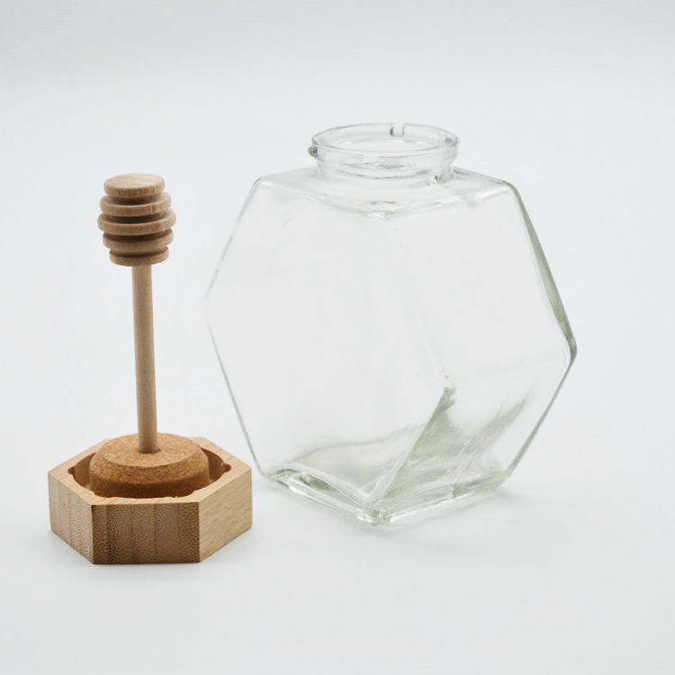 250 ml hexagon glass honey jar with wooden lid 8oz container with dipper stick