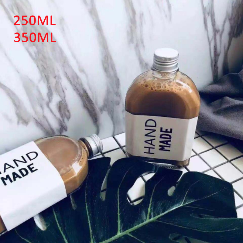 250ML 350ML juice drink flat mouth enzyme liquor coffee milk tea slant shoulder plastic bottle with lid