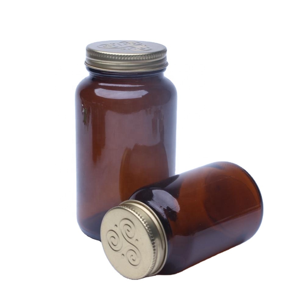 250cc 8oz Amber Glass Jar With GPI 45/400 Aluminum Screw Cap For Pharmaceutical Capsules Packaging