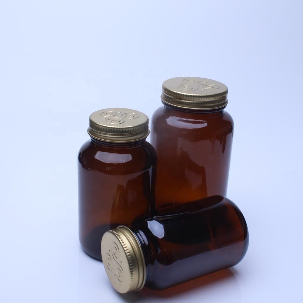 250cc 8oz Amber Glass Jar With GPI 45/400 Aluminum Screw Cap For Pharmaceutical Capsules Packaging