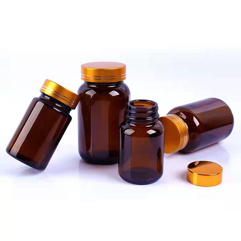 250cc  Boston Round Wide Mouth  Capsule Medicine Powder Pill Amber Glass Bottle With Screw Top Cap