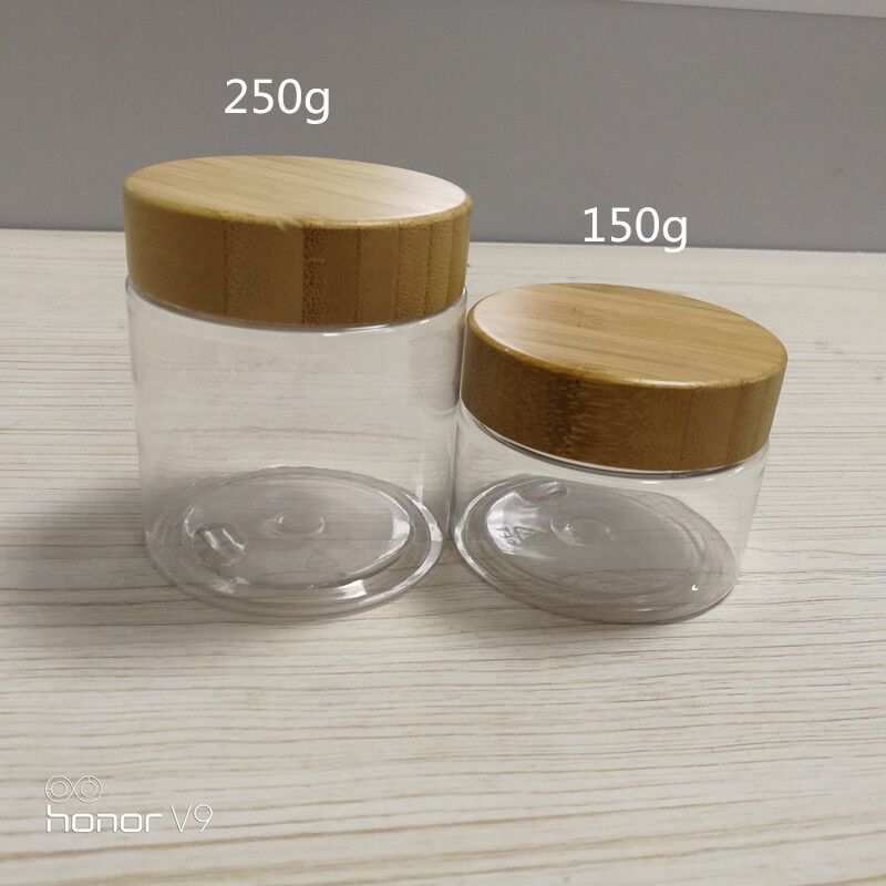 250g 250ml 8oz frosted clear PET plastic cosmetic container cream jar with bamboo wooden lids