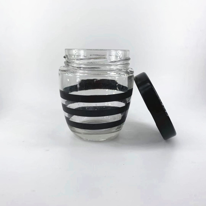 250g 500g clear empty round shape glass honey jar with black stripes and lid