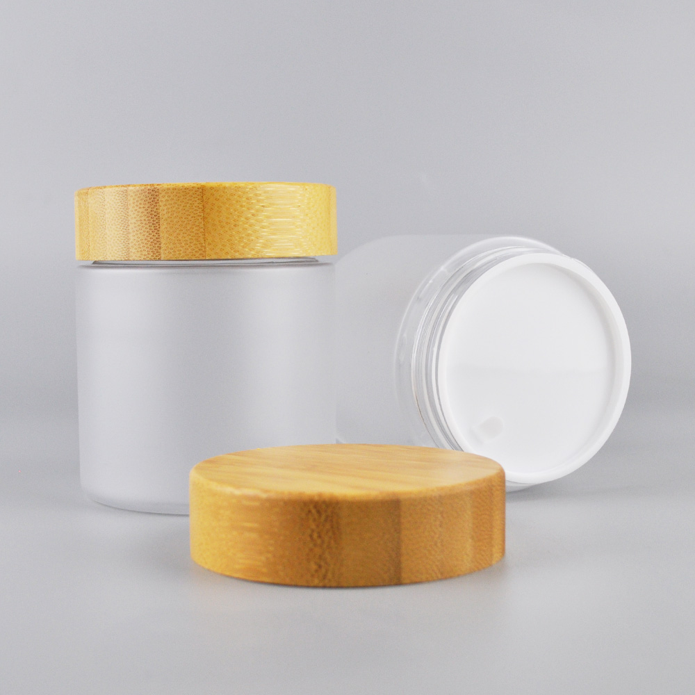 250g clear frosted pet plastic bamboo cosmetic packaging jars with bamboo cap
