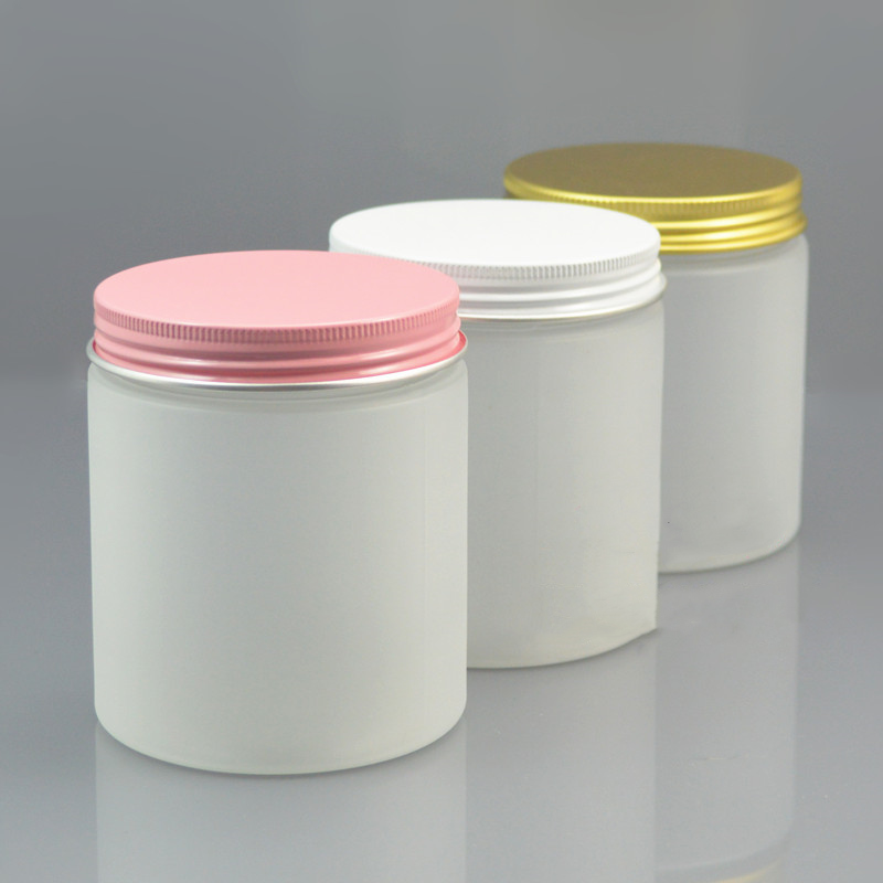 250g empty round shaped clear frosted plastic jar 250ml matte plastic cream jars with colorful aluminum lid