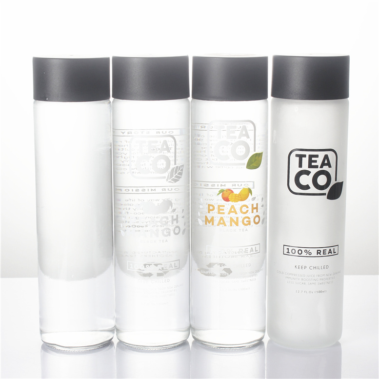 250ml 300ml 400ml 500ml 750ml tall thin voss shape glass water bottle with grey black plastic screw cap