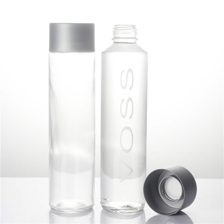 250ml 300ml 400ml 500ml 750ml tall thin voss shape glass water bottle with grey black plastic screw cap