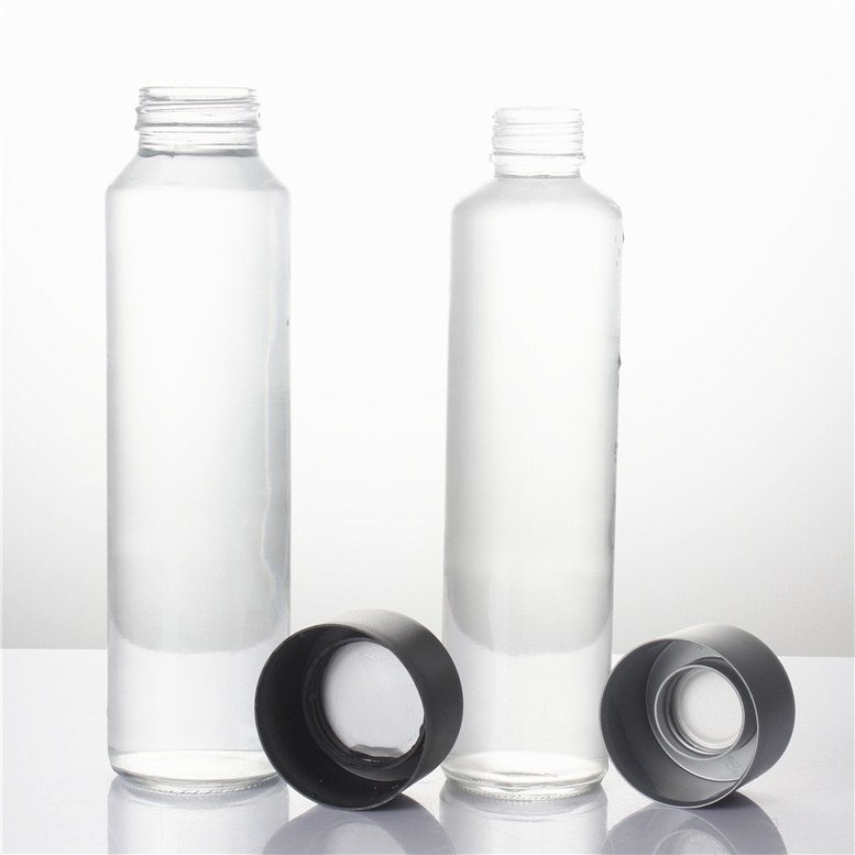 250ml 300ml 400ml 500ml 750ml tall thin voss shape glass water bottle with grey black plastic screw cap