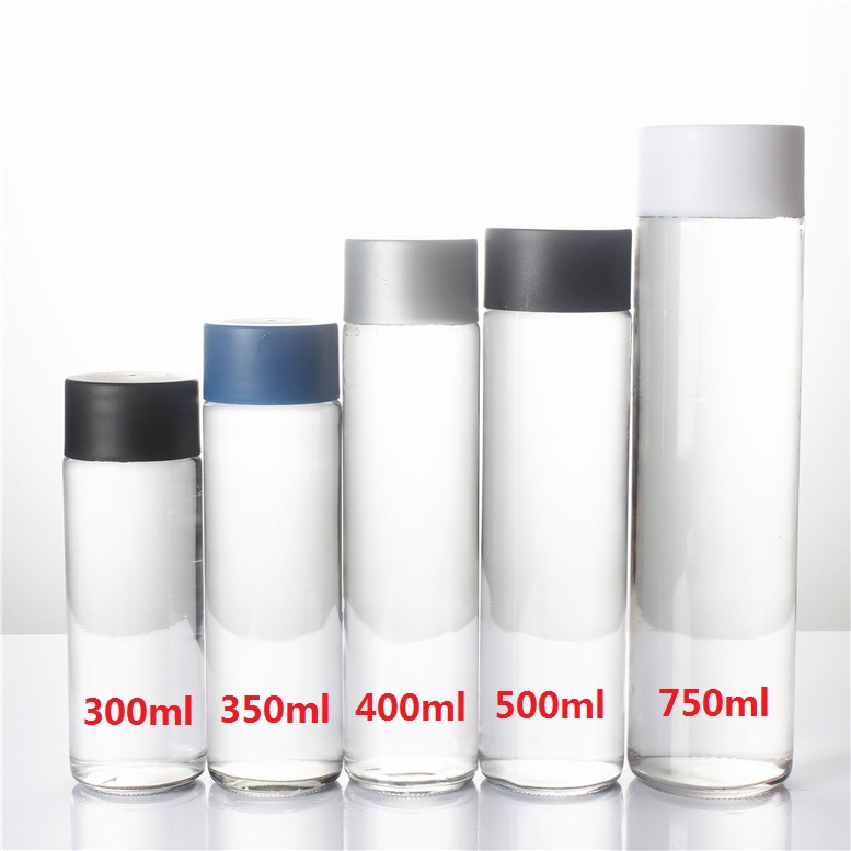 250ml 300ml 400ml 500ml 750ml tall thin voss shape glass water bottle with grey black plastic screw cap