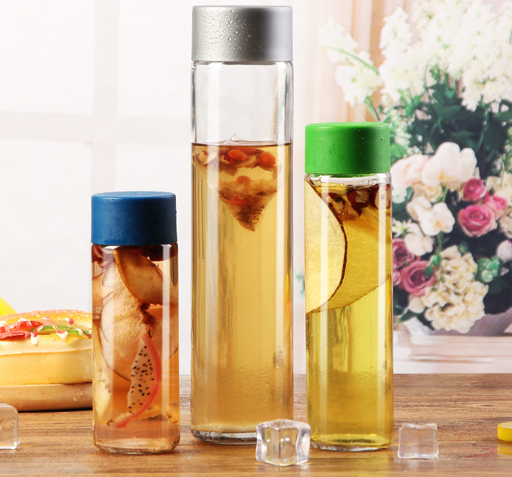 250ml 300ml 400ml 500ml 750ml tall thin voss shape glass water bottle with grey plastic screw cap