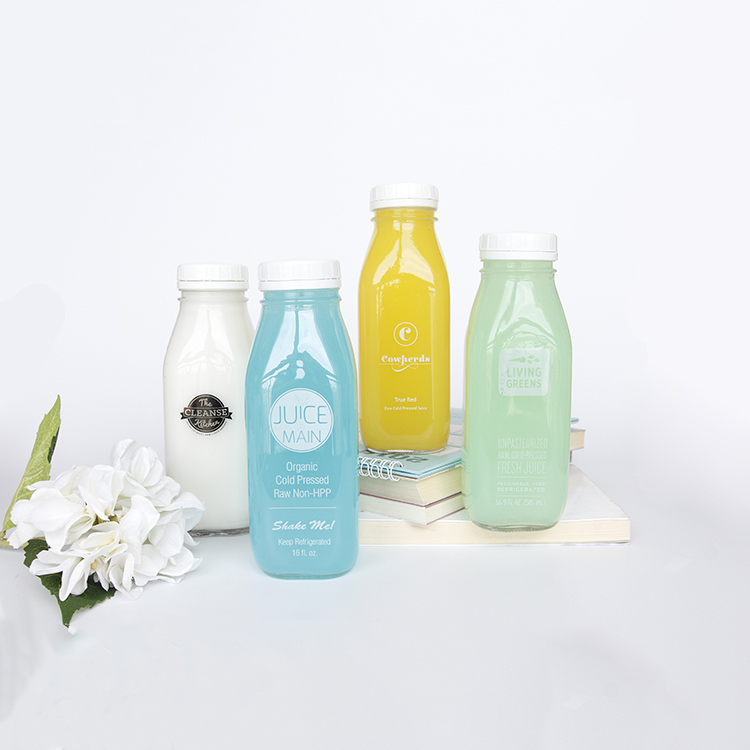 250ml 350ml 500ml Square French Beverage Milk Juice Yogurt Glass Bottle with Plastic Lids