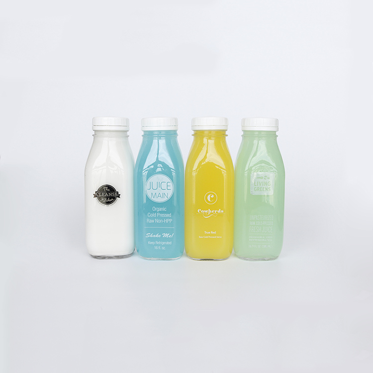 250ml 350ml 500ml Square French Beverage Milk Juice Yogurt Glass Bottle with Plastic Lids