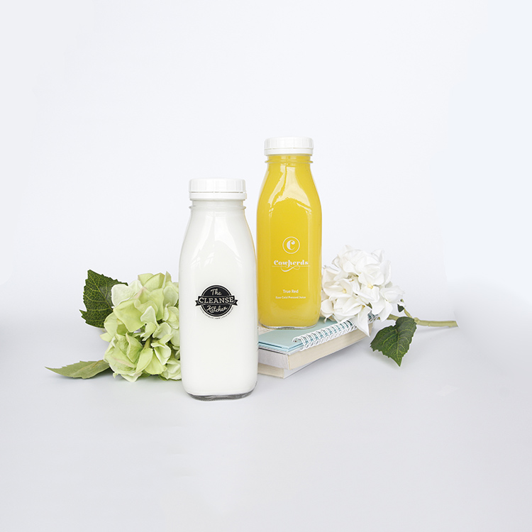 250ml 350ml 500ml Square French Beverage Milk Juice Yogurt Glass Bottle with Plastic Lids