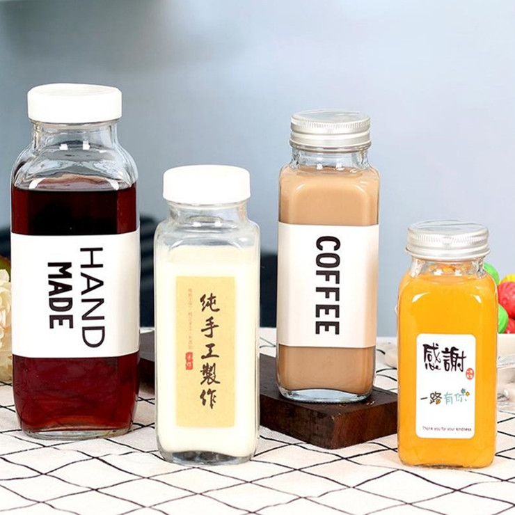 250ml 350ml 500ml Square glass drinking bottle beverage glass bottle for milk or juice wiht aluminum lid