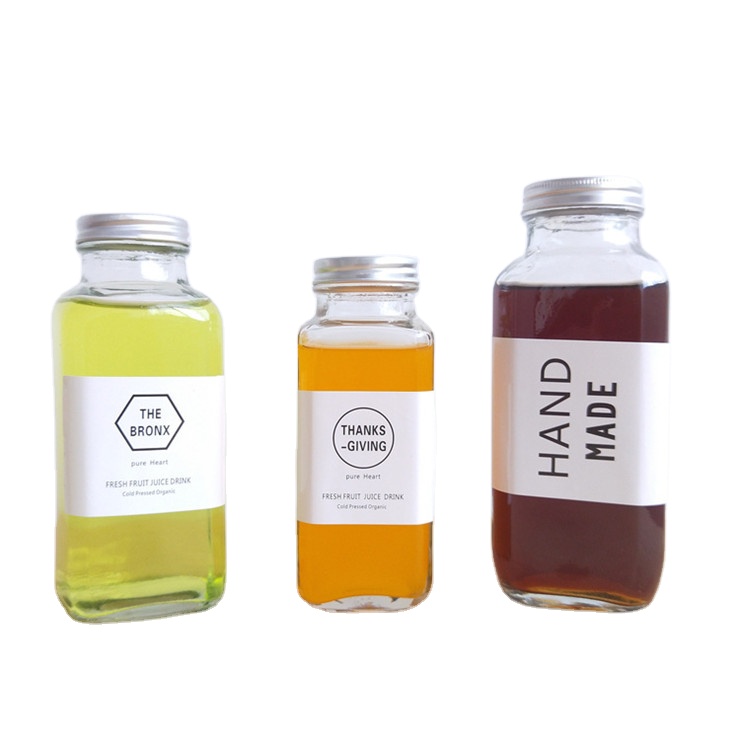 250ml 350ml 500ml Square glass drinking bottle beverage glass bottle for milk or juice wiht aluminum lid