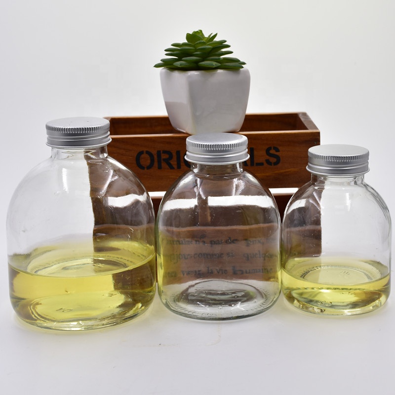 250ml 350ml 500ml clear round milk tea glass beverage bottle cold pressed juice wine drinking bottles with metal screw lid