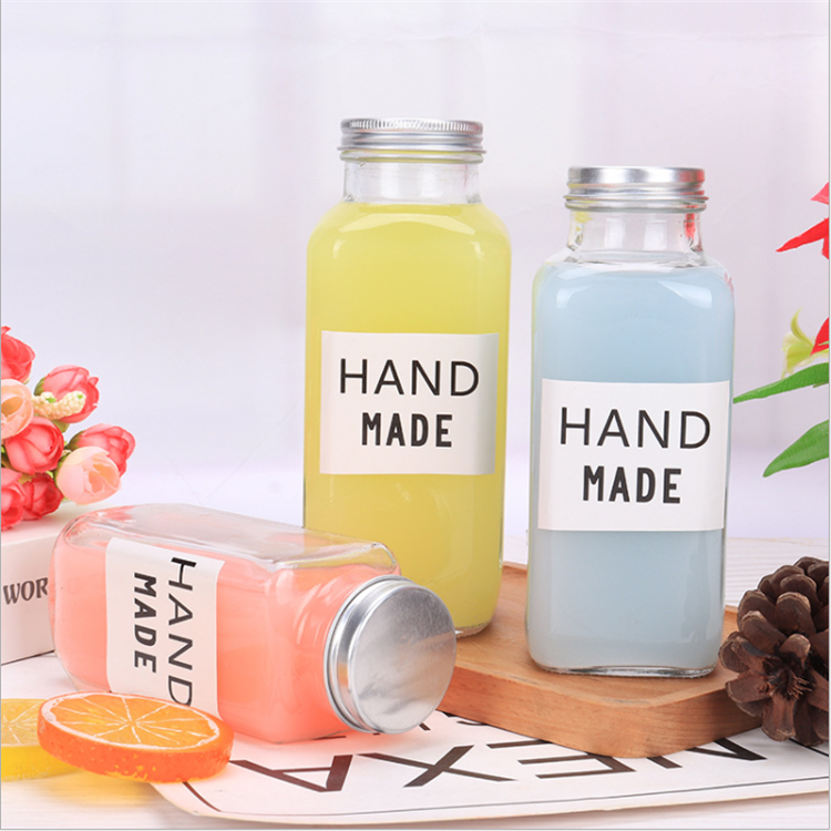 250ml,350ml,500ml french square milk glassberverage bottle with Metal cover