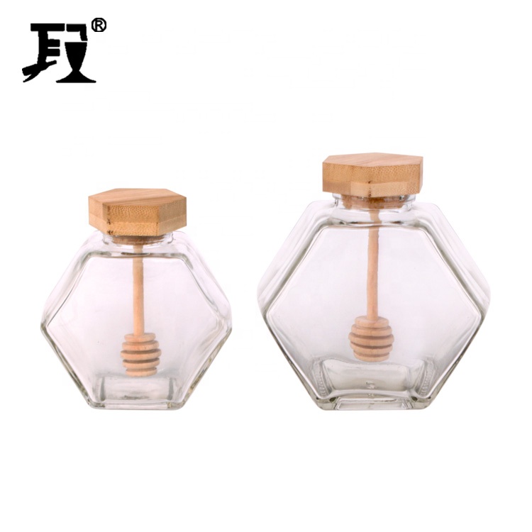250ml 480ML hexagon glass honey pot jar with wooden dipper and cork lid for home kitchen