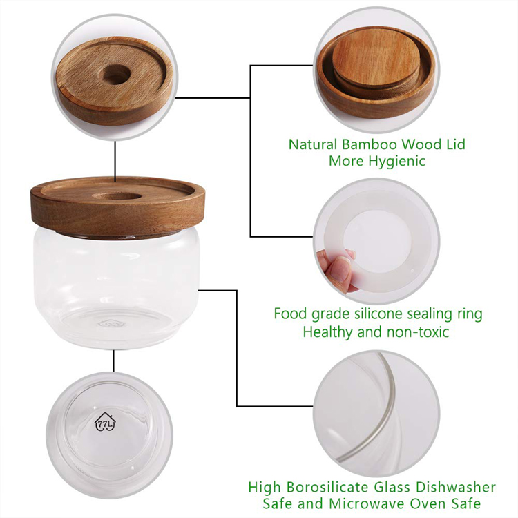 250ml 480ml 750ml 950ml Borosilicate Airtight Storage Jar Glass Wood Lid