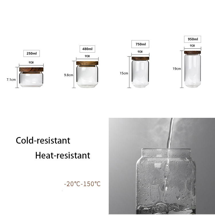 250ml 480ml 750ml 950ml Borosilicate Airtight Storage Jar Glass Wood Lid