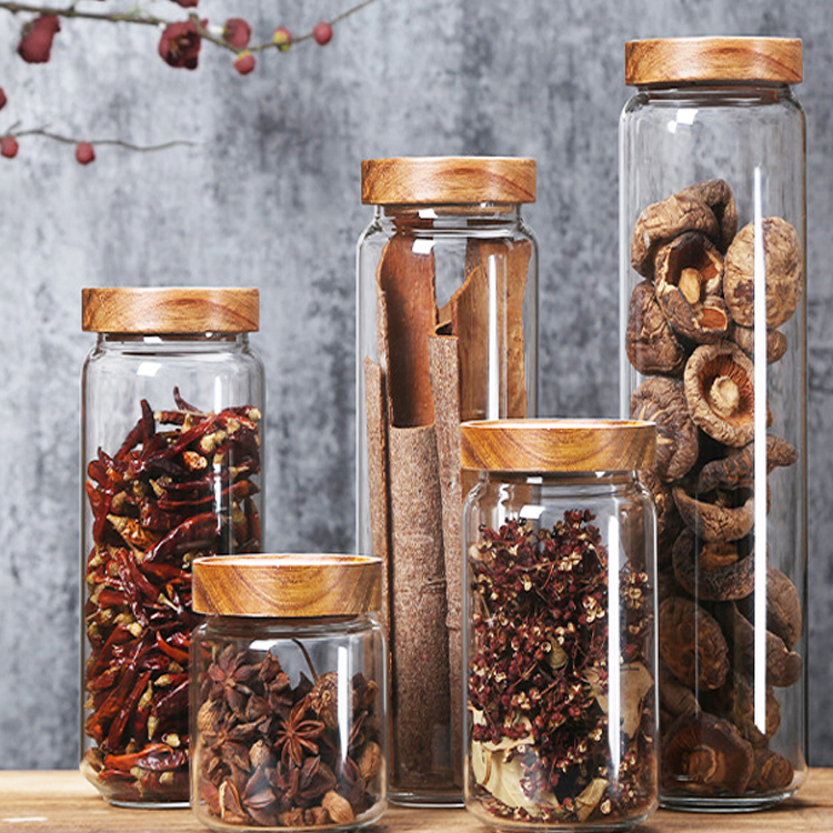 250ml 480ml 750ml 950ml Borosilicate Airtight Storage Jar Glass Wood Lid