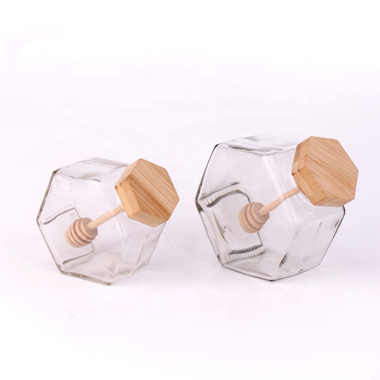 250ml 480ml hexagon glass honey pot jar with wooden dipper and cork lid
