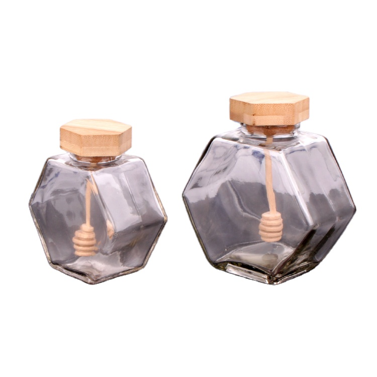 250ml 480ml hexagon glass honey pot jar with wooden dipper and cork lid