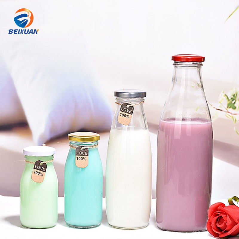 250ml 500ml 1000ml Food grade clear glass milk bottle with cap milk packaging in glass bottles