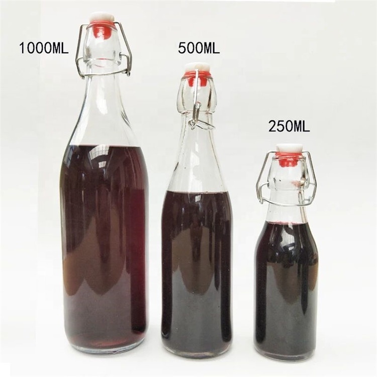 250ml 500ml 1000ml clear round wholesale glass juice bottles milk carton drink beverage water glass bottle with swing top