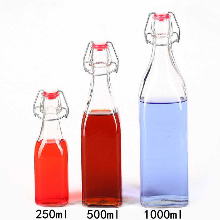 250ml 500ml 1000ml clear square juice water milk glass bottles with swing top lid