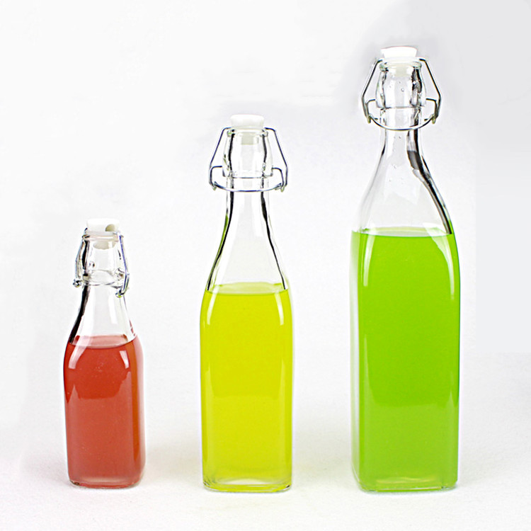 250ml 500ml 1000ml clear square juice water milk glass bottles with swing top lid