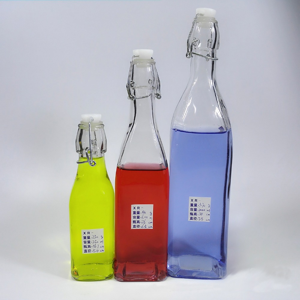 250ml 500ml 1000ml clear square juice water milk glass bottles with swing top lid
