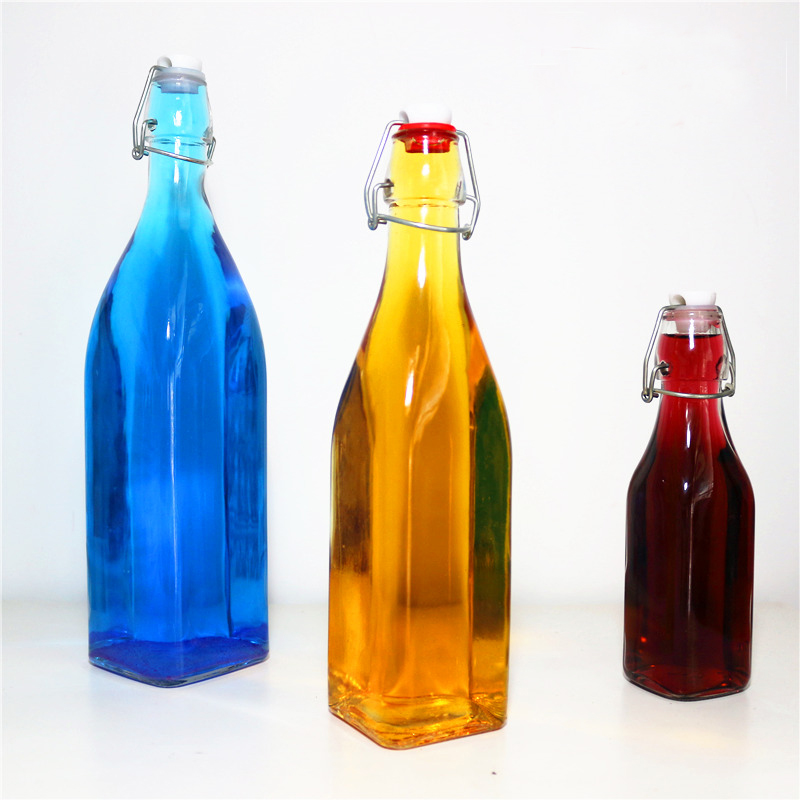 250ml 500ml 1000ml clear square juice water milk glass bottles with swing top lid