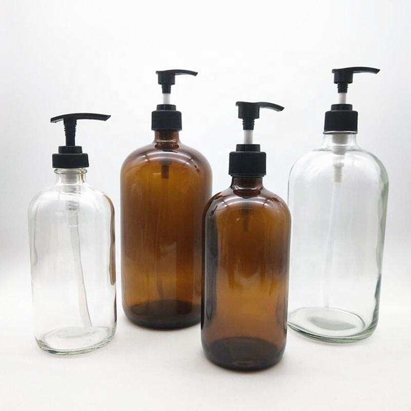 250ml 500ml 1000ml transparent amber boston glass essential oil shampoo body lotion pump bottle