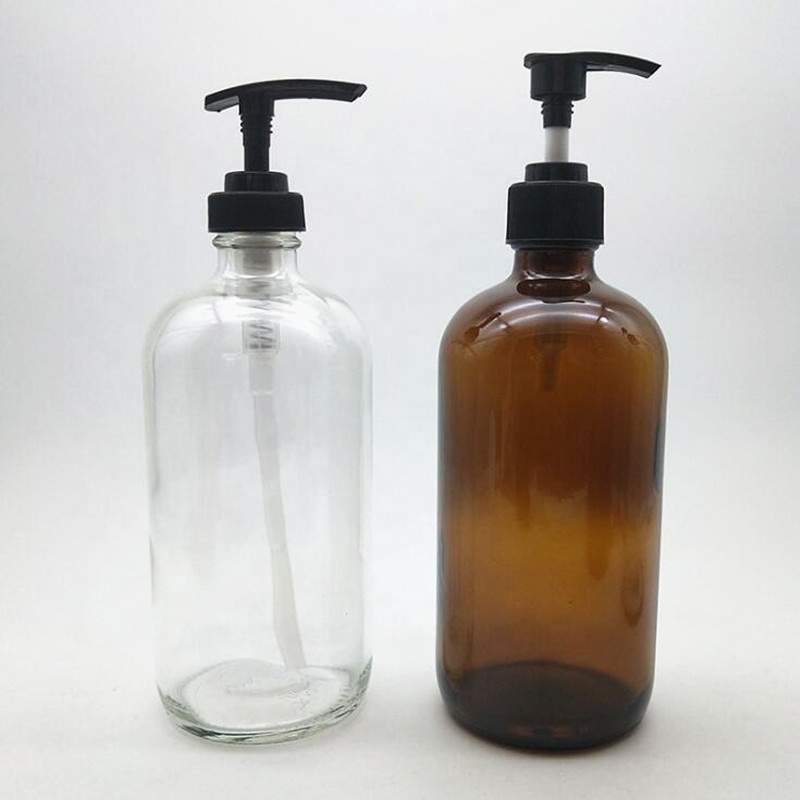 250ml 500ml 1000ml transparent amber boston glass essential oil shampoo body lotion pump bottle